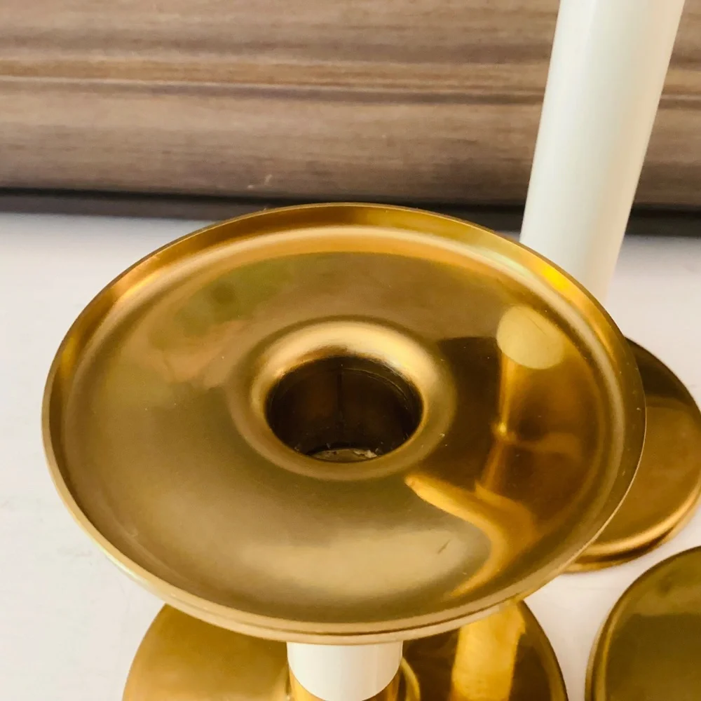 set of 3 IKEA Glittrig candlesticks gold and ivory Discontinued Tapered Pillar